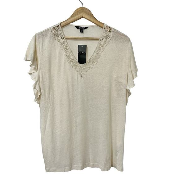 Lauren Ralph Lauren Tops - Lauren Ralph Lauren Linen Blend Jersey Flutter‎ Sleeve Top Size XL White Cottage